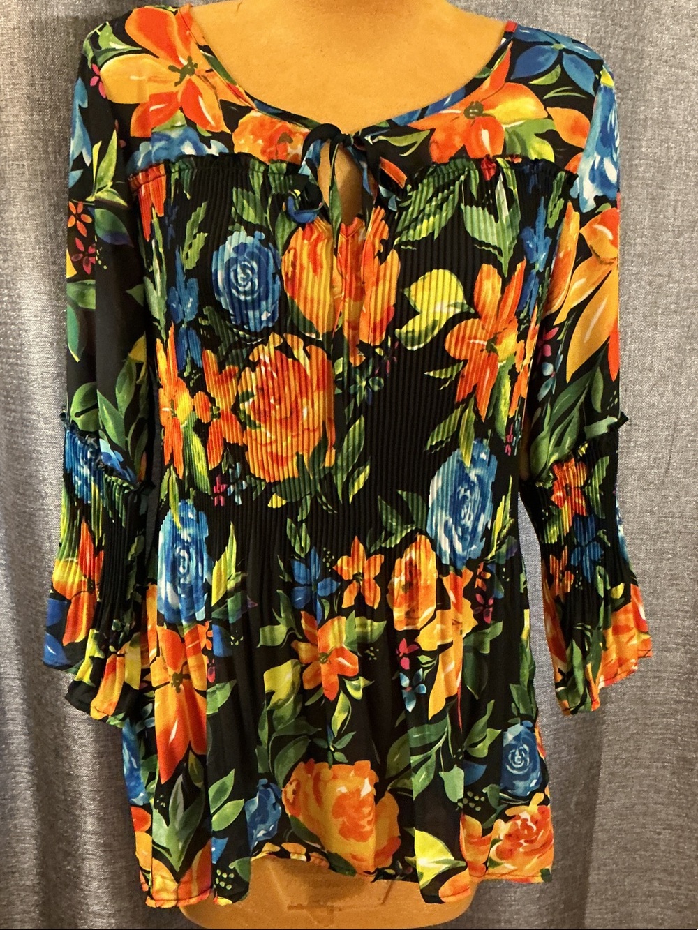 Sunny Leigh Black Floral Tie-Neck Blouse with Orange & Blue Blooms